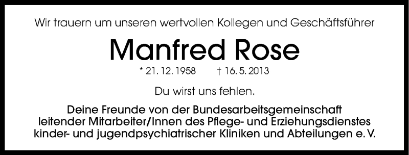  Traueranzeige für Manfred Rose vom 23.05.2013 aus Gesamtausgabe Nürnberger Nachrichten/ Nürnberger Ztg.