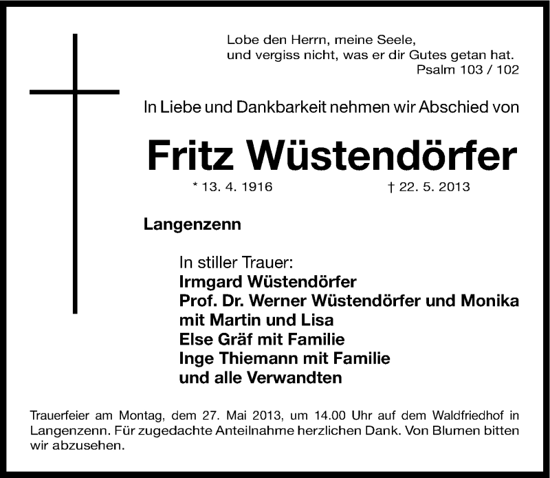  Traueranzeige für Irmgard Wüstendörfer vom 24.05.2013 aus Fürther Nachrichten Lokal