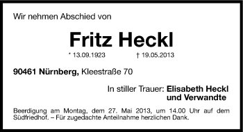 Traueranzeige von Fritz Heckl von Gesamtausgabe Nürnberger Nachrichten/ Nürnberger Ztg.