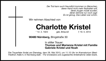 Traueranzeige von Charlotte Kristel von Gesamtausgabe Nürnberger Nachrichten/ Nürnberger Ztg.