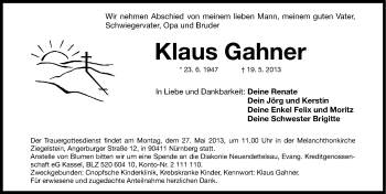 Traueranzeige von Klaus Gahner von Gesamtausgabe Nürnberger Nachrichten/ Nürnberger Ztg.