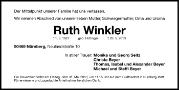 Traueranzeigen von Ruth Winkler | trauer.nn.de