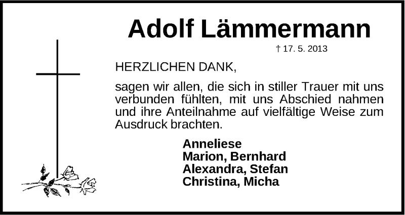  Traueranzeige für Adolf Lämmermann vom 27.05.2013 aus Gesamtausgabe Nürnberger Nachrichten/ Nürnberger Ztg.