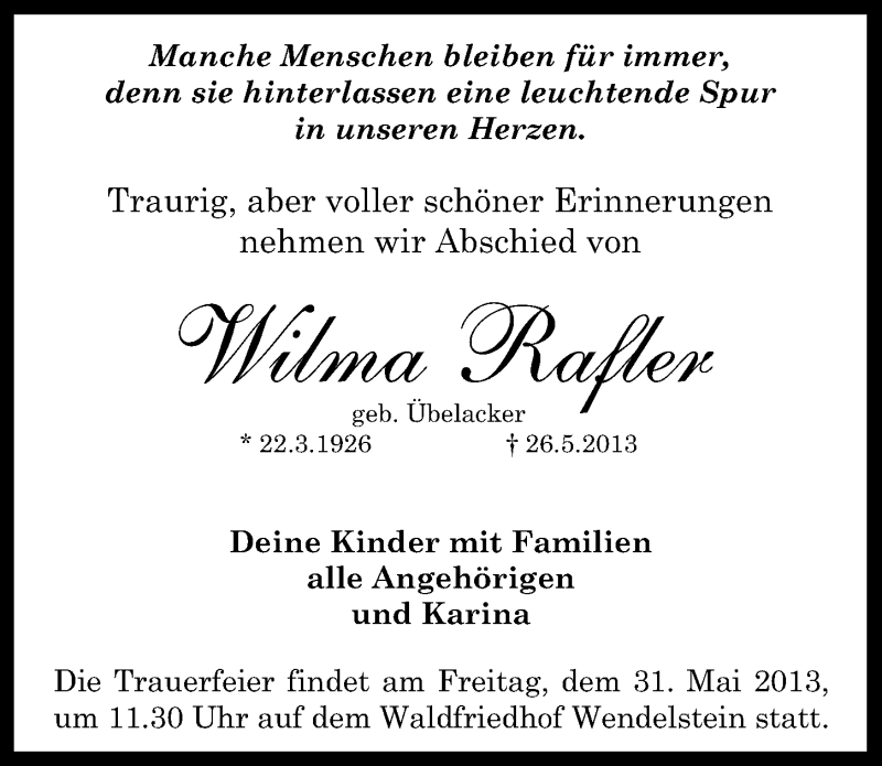  Traueranzeige für Wilma Rafler vom 28.05.2013 aus Gesamtausgabe Nürnberger Nachrichten/ Nürnberger Ztg.