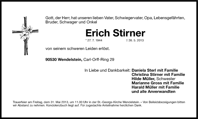  Traueranzeige für Erich Stirner vom 28.05.2013 aus Gesamtausgabe Nürnberger Nachrichten/ Nürnberger Ztg.
