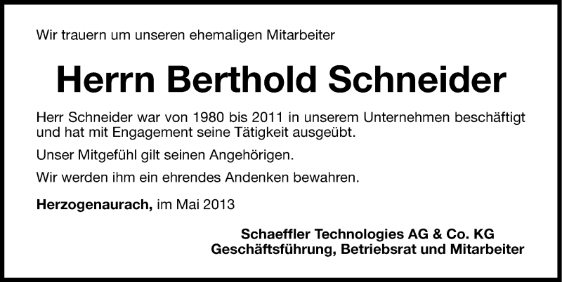  Traueranzeige für Berthold Schneider vom 29.05.2013 aus Nordbayerische Nachrichten Herzogenaurach Lokal