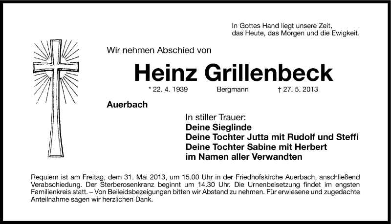  Traueranzeige für Heinz Grillenbeck vom 29.05.2013 aus Nordbayerische Nachrichten Pegnitz Lokal