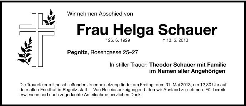  Traueranzeige für Helga Schauer vom 29.05.2013 aus Nordbayerische Nachrichten Pegnitz Lokal