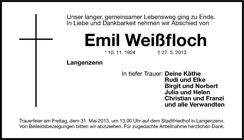  Traueranzeige für Emil Weißfloch vom 29.05.2013 aus Fürther Nachrichten Lokal