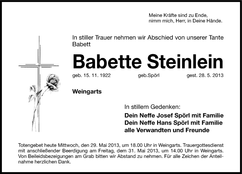  Traueranzeige für Babette Steinlein vom 29.05.2013 aus Nordbayerische Nachrichten Forchheim Lokal