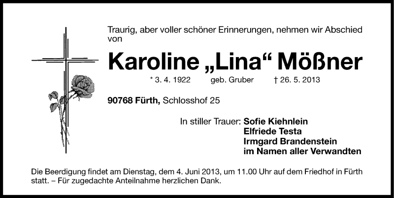  Traueranzeige für Karoline Mößner vom 01.06.2013 aus Gesamtausgabe Nürnberger Nachrichten/ Nürnberger Ztg.