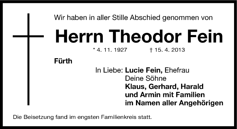 Traueranzeige für Theodor Fein vom 01.06.2013 aus Fürther Nachrichten Lokal
