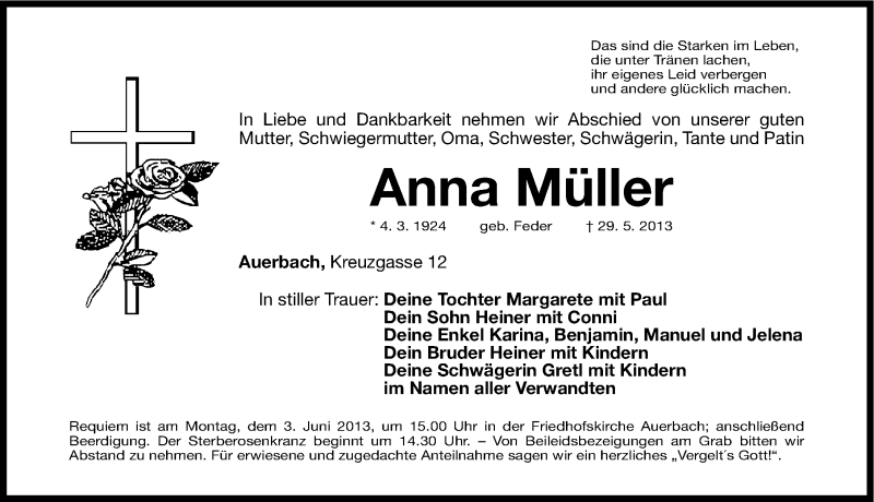  Traueranzeige für Anna Müller vom 30.05.2013 aus Nordbayerische Nachrichten Pegnitz Lokal