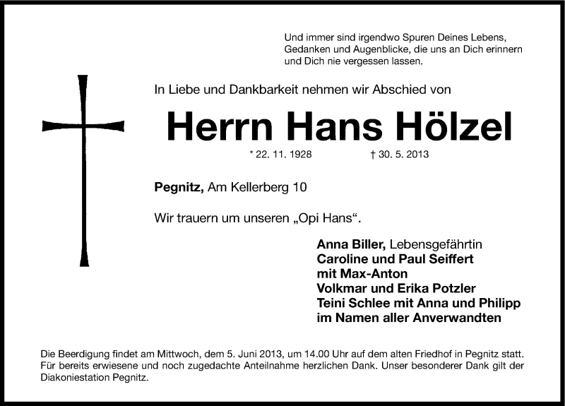  Traueranzeige für Hans Hölzel vom 01.06.2013 aus Nordbayerische Nachrichten Pegnitz Lokal