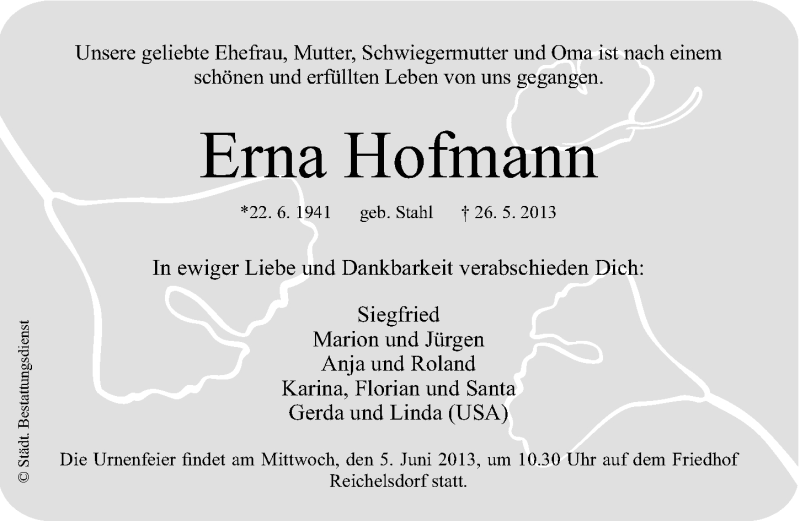  Traueranzeige für Erna Hofmann vom 01.06.2013 aus Gesamtausgabe Nürnberger Nachrichten/ Nürnberger Ztg.