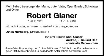 Traueranzeige von Robert Glaner von Gesamtausgabe Nürnberger Nachrichten/ Nürnberger Ztg.