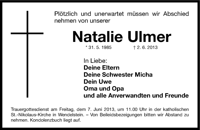  Traueranzeige für Natalie Ulmer vom 05.06.2013 aus Gesamtausgabe Nürnberger Nachrichten/ Nürnberger Ztg.