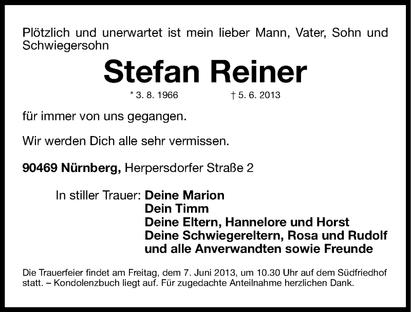  Traueranzeige für Stefan Reiner vom 06.06.2013 aus Gesamtausgabe Nürnberger Nachrichten/ Nürnberger Ztg.