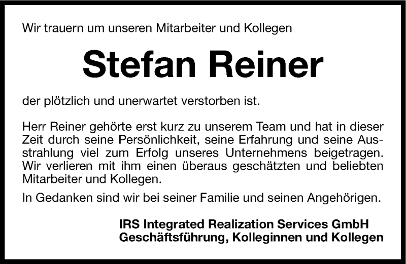  Traueranzeige für Stefan Reiner vom 07.06.2013 aus Gesamtausgabe Nürnberger Nachrichten/ Nürnberger Ztg.