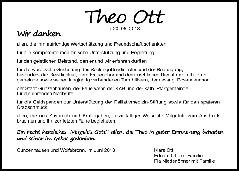  Traueranzeige für Theo Ott vom 08.06.2013 aus Altmühl-Bote Lokal