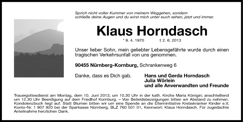  Traueranzeige für Klaus Horndasch vom 07.06.2013 aus Gesamtausgabe Nürnberger Nachrichten/ Nürnberger Ztg.