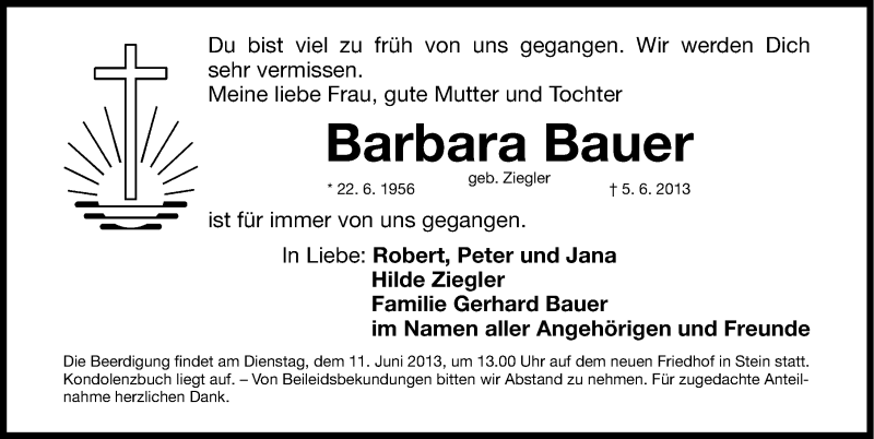  Traueranzeige für Barbara Bauer vom 08.06.2013 aus Gesamtausgabe Nürnberger Nachrichten/ Nürnberger Ztg.