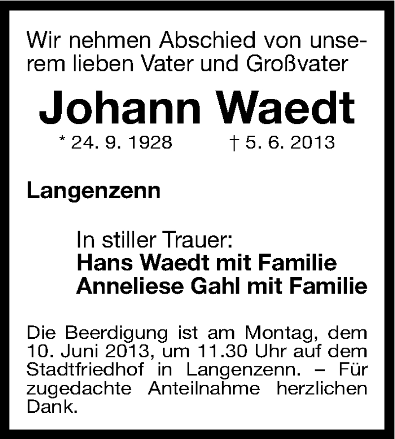  Traueranzeige für Johann Waedt vom 07.06.2013 aus Fürther Nachrichten Lokal