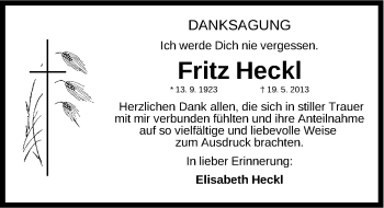 Traueranzeige von Fritz Heckl von Gesamtausgabe Nürnberger Nachrichten/ Nürnberger Ztg.