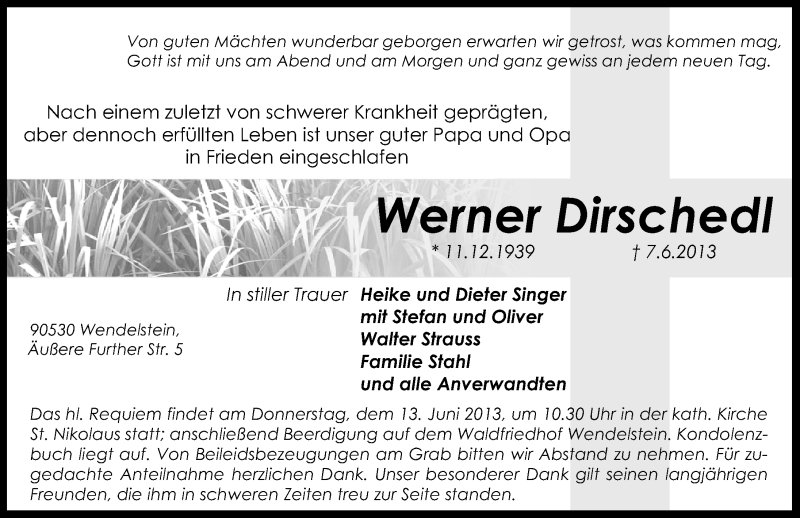  Traueranzeige für Werner Dirschedl vom 08.06.2013 aus Gesamtausgabe Nürnberger Nachrichten/ Nürnberger Ztg.