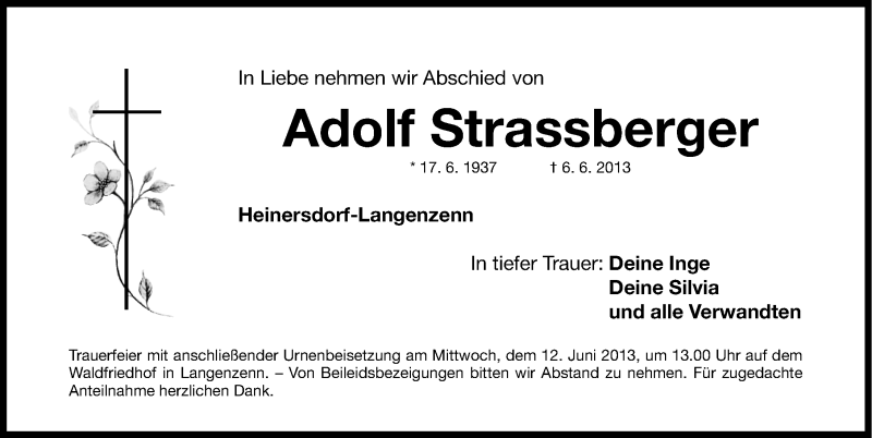  Traueranzeige für Adolf Strassberger vom 10.06.2013 aus Fürther Nachrichten Lokal