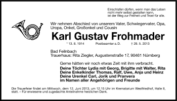 Traueranzeige von Karl Gustav Frohmader von Gesamtausgabe Nürnberger Nachrichten/ Nürnberger Ztg.