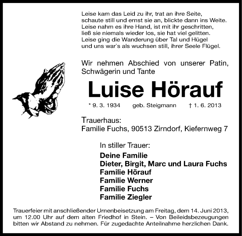  Traueranzeige für Luise Hörauf vom 12.06.2013 aus Gesamtausgabe Nürnberger Nachrichten/ Nürnberger Ztg.