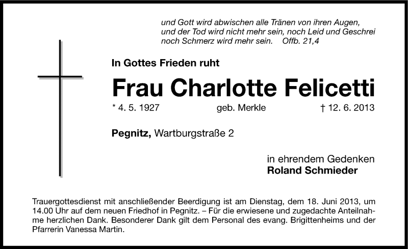  Traueranzeige für Charlotte Felicetti vom 15.06.2013 aus Nordbayerische Nachrichten Pegnitz Lokal