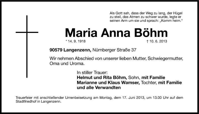  Traueranzeige für Maria Anna Böhm vom 14.06.2013 aus Fürther Nachrichten Lokal