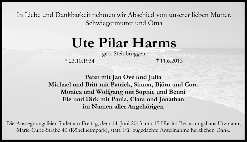  Traueranzeige für Harms Ute Pilar vom 12.06.2013 aus Erlanger Nachrichten Lokal