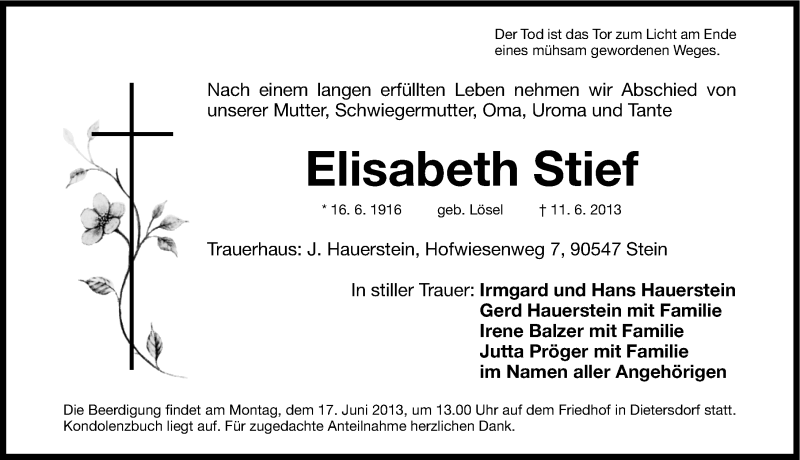  Traueranzeige für Elisabeth Stief vom 15.06.2013 aus Gesamtausgabe Nürnberger Nachrichten/ Nürnberger Ztg.