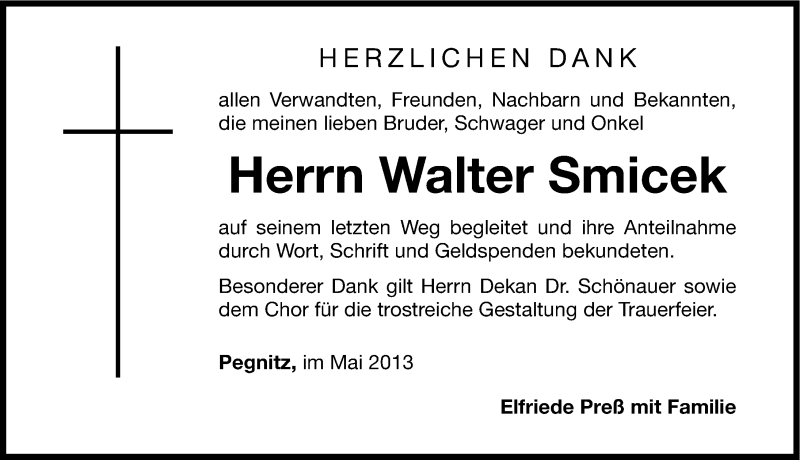  Traueranzeige für Walter Smicek vom 15.06.2013 aus Nordbayerische Nachrichten Pegnitz Lokal