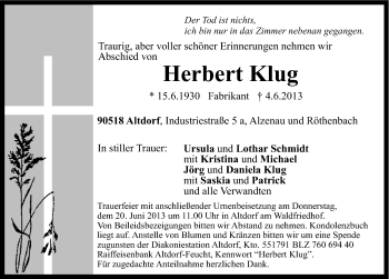 Traueranzeige von Herbert Klug von Gesamtausgabe Nürnberger Nachrichten/ Nürnberger Ztg.