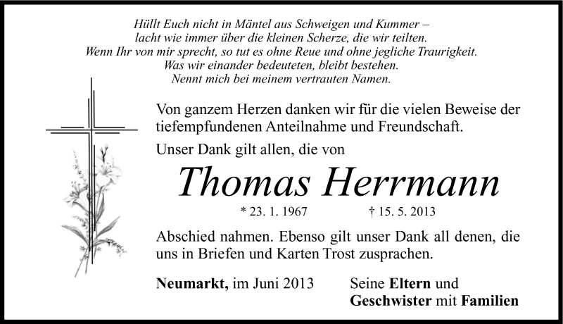  Traueranzeige für Thomas Herrmann vom 15.06.2013 aus Neumarkter Nachrichten Lokal