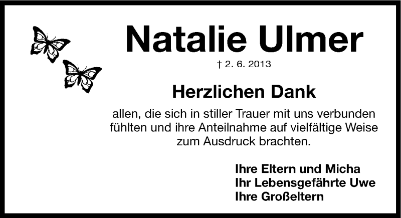  Traueranzeige für Natalie Ulmer vom 15.06.2013 aus Gesamtausgabe Nürnberger Nachrichten/ Nürnberger Ztg.