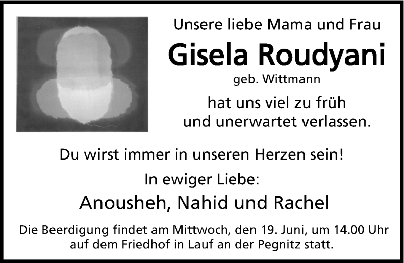  Traueranzeige für Gisela Roudyani vom 15.06.2013 aus Gesamtausgabe Nürnberger Nachrichten/ Nürnberger Ztg.