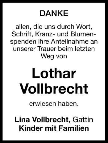 Traueranzeige von Lothar Vollbrecht von Fürther Nachrichten Lokal
