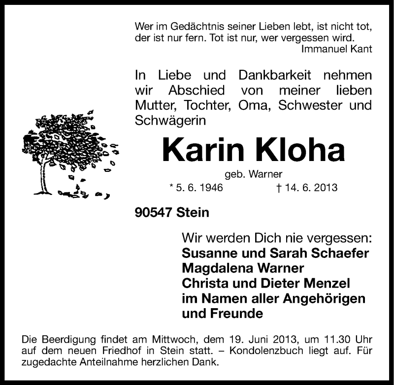  Traueranzeige für Karin Kloha vom 17.06.2013 aus Gesamtausgabe Nürnberger Nachrichten/ Nürnberger Ztg.
