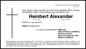 Traueranzeige von Heinbert Alexander von Gesamtausgabe Nürnberger Nachrichten/ Nürnberger Ztg.