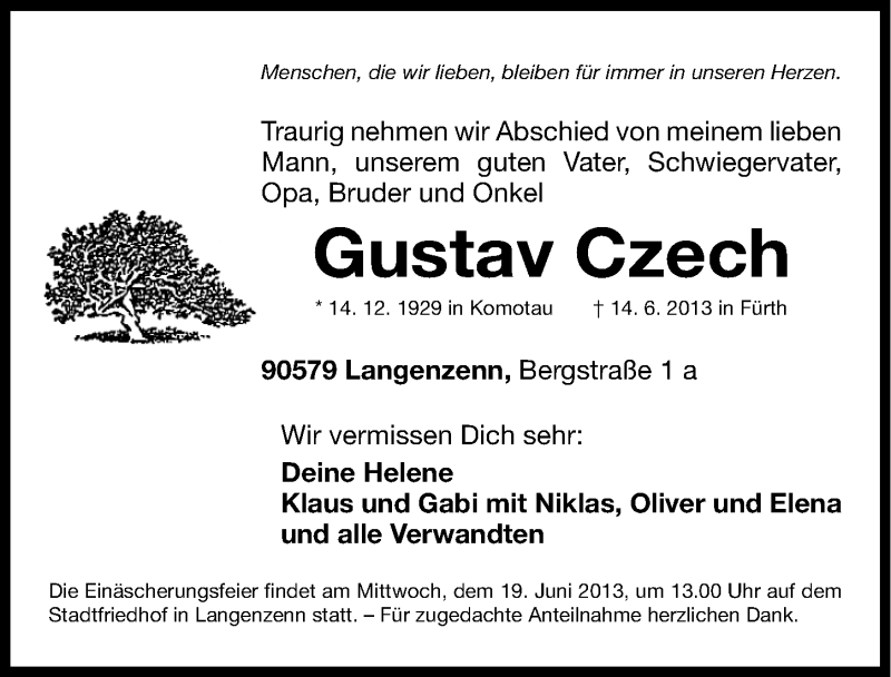  Traueranzeige für Gustav Czech vom 18.06.2013 aus Fürther Nachrichten Lokal