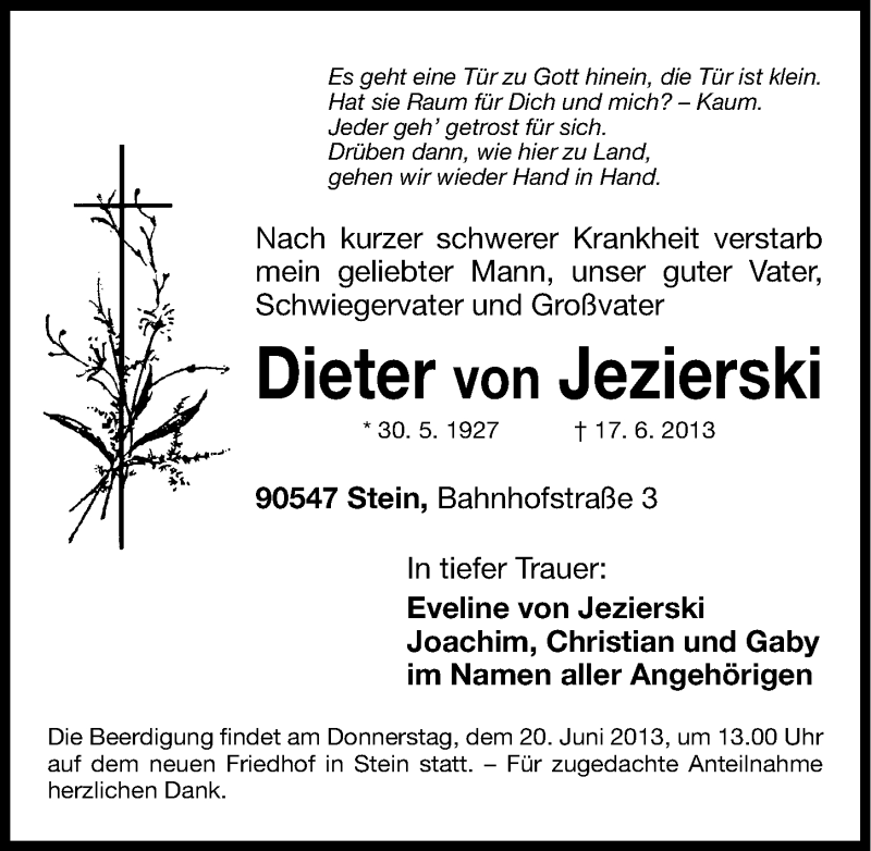  Traueranzeige für Dieter von Jezierski vom 19.06.2013 aus Gesamtausgabe Nürnberger Nachrichten/ Nürnberger Ztg.