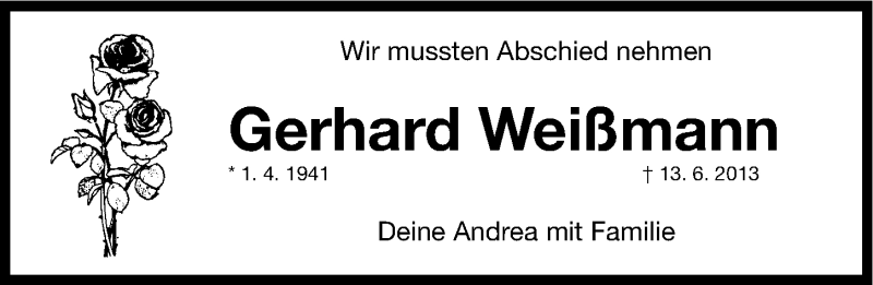  Traueranzeige für Gerhard Weißmann vom 20.06.2013 aus Erlanger Nachrichten Lokal