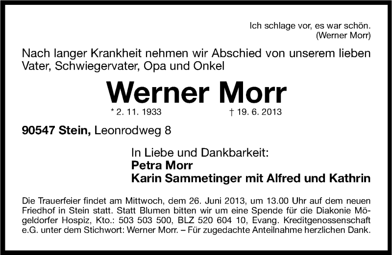  Traueranzeige für Werner Morr vom 22.06.2013 aus Gesamtausgabe Nürnberger Nachrichten/ Nürnberger Ztg.
