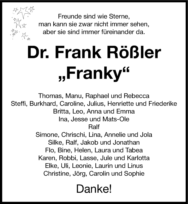 Traueranzeige für Frank Rößler vom 29.06.2013 aus Erlanger Nachrichten Lokal