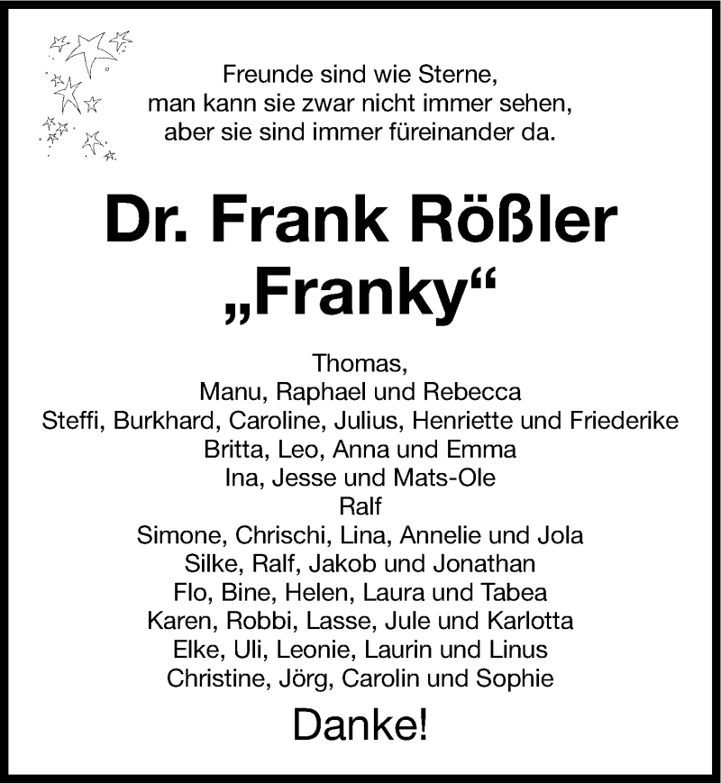  Traueranzeige für Frank Rößler vom 29.06.2013 aus Nordbayerische Nachrichten Forchheim Lokal